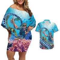 Hawaii Snorkeling Honu Turtle Couples Matching Off Shoulder Short Dress and Hawaiian Shirt Under The Ocean Vibes LT14 Blue - Polynesian Pride