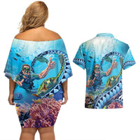 Hawaii Snorkeling Honu Turtle Couples Matching Off Shoulder Short Dress and Hawaiian Shirt Under The Ocean Vibes LT14 - Polynesian Pride
