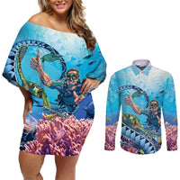 Hawaii Snorkeling Honu Turtle Couples Matching Off Shoulder Short Dress and Long Sleeve Button Shirt Under The Ocean Vibes LT14 Blue - Polynesian Pride