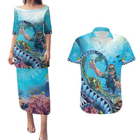 Hawaii Snorkeling Honu Turtle Couples Matching Puletasi and Hawaiian Shirt Under The Ocean Vibes LT14 Blue - Polynesian Pride