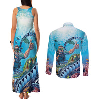 Hawaii Snorkeling Honu Turtle Couples Matching Tank Maxi Dress and Long Sleeve Button Shirt Under The Ocean Vibes LT14 - Polynesian Pride