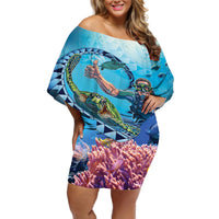 Hawaii Snorkeling Honu Turtle Off Shoulder Short Dress Under The Ocean Vibes LT14 Women Blue - Polynesian Pride