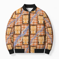 Aloha Hawaii Tiki Palaka Motifs Bomber Puffer Jacket Honohono Lei Orange Elegant Vibes