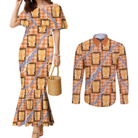 Aloha Hawaii Tiki Palaka Motifs Couples Matching Mermaid Dress and Long Sleeve Button Shirt Honohono Lei Orange Elegant Vibes