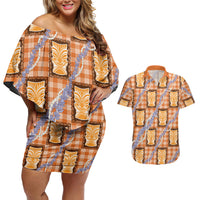 Aloha Hawaii Tiki Palaka Motifs Couples Matching Off Shoulder Short Dress and Hawaiian Shirt Honohono Lei Orange Elegant Vibes