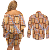 Aloha Hawaii Tiki Palaka Motifs Couples Matching Off Shoulder Short Dress and Long Sleeve Button Shirt Honohono Lei Orange Elegant Vibes