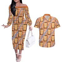 Aloha Hawaii Tiki Palaka Motifs Couples Matching Off The Shoulder Long Sleeve Dress and Hawaiian Shirt Honohono Lei Orange Elegant Vibes