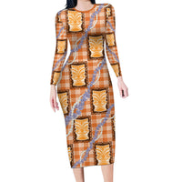 Aloha Hawaii Tiki Palaka Motifs Family Matching Long Sleeve Bodycon Dress and Hawaiian Shirt Honohono Lei Orange Elegant Vibes