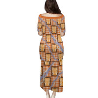 Aloha Hawaii Tiki Palaka Motifs Family Matching Puletasi and Hawaiian Shirt Honohono Lei Orange Elegant Vibes