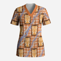 Aloha Hawaii Tiki Palaka Motifs Scrub Top Honohono Lei Orange Elegant Vibes LT14 Adult Orange - Polynesian Pride