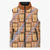Aloha Hawaii Tiki Palaka Motifs Sleeveless Puffer Jacket Honohono Lei Orange Elegant Vibes