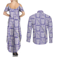 Aloha Hawaii Tiki Palaka Motifs Couples Matching Summer Maxi Dress and Long Sleeve Button Shirt Honohono Lei Purple Elegant Vibes