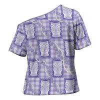 Aloha Hawaii Tiki Palaka Motifs Cross Shoulder Shirt Honohono Lei Purple Elegant Vibes