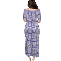 Aloha Hawaii Tiki Palaka Motifs Family Matching Puletasi and Hawaiian Shirt Honohono Lei Purple Elegant Vibes