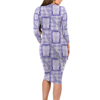 Aloha Hawaii Tiki Palaka Motifs Long Sleeve Bodycon Dress Honohono Lei Purple Elegant Vibes