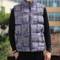 Aloha Hawaii Tiki Palaka Motifs Sleeveless Puffer Jacket Honohono Lei Purple Elegant Vibes