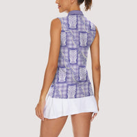 Aloha Hawaii Tiki Palaka Motifs Women Sleeveless Polo Shirt Honohono Lei Purple Elegant Vibes