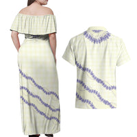 Hawaii Honohono Palaka Motifs Couples Matching Off Shoulder Maxi Dress and Hawaiian Shirt Hawaiian Orchid Lei