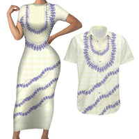 Hawaii Honohono Palaka Motifs Couples Matching Short Sleeve Bodycon Dress and Hawaiian Shirt Hawaiian Orchid Lei