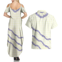 Hawaii Honohono Palaka Motifs Couples Matching Summer Maxi Dress and Hawaiian Shirt Hawaiian Orchid Lei