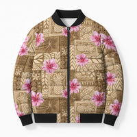 Beige Hawaii Hibiscus With Tropical Flowers Motifs Bomber Puffer Jacket - Polynesian Pride