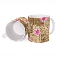 Beige Hawaii Hibiscus With Tropical Flowers Motifs Ceramic Mug - Polynesian Pride