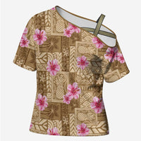 Beige Hawaii Hibiscus With Tropical Flowers Motifs Cross Shoulder Shirt - Polynesian Pride