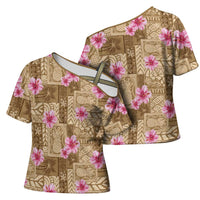 Beige Hawaii Hibiscus With Tropical Flowers Motifs Cross Shoulder Shirt - Polynesian Pride