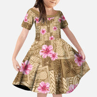 Beige Hawaii Hibiscus With Tropical Flowers Motifs Family Matching Mermaid Dress and Hawaiian Shirt - Polynesian Pride