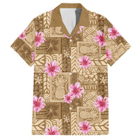 Beige Hawaii Hibiscus With Tropical Flowers Motifs Family Matching Off The Shoulder Long Sleeve Dress and Hawaiian Shirt LT14 Dad's Shirt - Short Sleeve Beige - Polynesian Pride