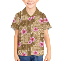 Beige Hawaii Hibiscus With Tropical Flowers Motifs Family Matching Off The Shoulder Long Sleeve Dress and Hawaiian Shirt LT14 Son's Shirt Beige - Polynesian Pride