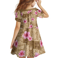 Beige Hawaii Hibiscus With Tropical Flowers Motifs Kid Short Sleeve Dress - Polynesian Pride