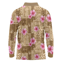 Beige Hawaii Hibiscus With Tropical Flowers Motifs Long Sleeve Polo Shirt - Polynesian Pride