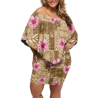 Beige Hawaii Hibiscus With Tropical Flowers Motifs Off Shoulder Short Dress - Polynesian Pride