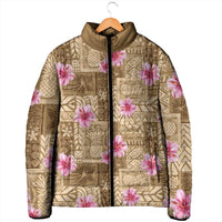 Beige Hawaii Hibiscus With Tropical Flowers Motifs Padded Jacket - Polynesian Pride