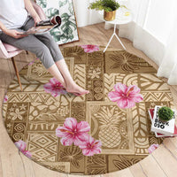 Beige Hawaii Hibiscus With Tropical Flowers Motifs Round Carpet - Polynesian Pride