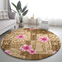 Beige Hawaii Hibiscus With Tropical Flowers Motifs Round Carpet - Polynesian Pride