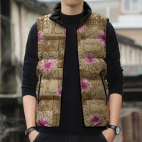 Beige Hawaii Hibiscus With Tropical Flowers Motifs Sleeveless Puffer Jacket - Polynesian Pride