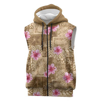 Beige Hawaii Hibiscus With Tropical Flowers Motifs Sleeveless Zip Hoodie LT14 Beige - Polynesian Pride