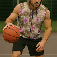 Beige Hawaii Hibiscus With Tropical Flowers Motifs Sleeveless Zip Hoodie LT14 - Polynesian Pride