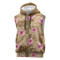 Beige Hawaii Hibiscus With Tropical Flowers Motifs Sleeveless Zip Hoodie LT14