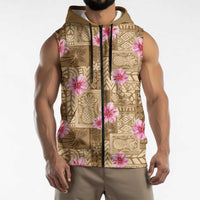 Beige Hawaii Hibiscus With Tropical Flowers Motifs Sleeveless Zip Hoodie LT14 - Polynesian Pride