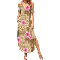 Beige Hawaii Hibiscus With Tropical Flowers Motifs Summer Maxi Dress LT14 Women Beige - Polynesian Pride