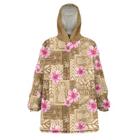 Beige Hawaii Hibiscus With Tropical Flowers Motifs Wearable Blanket Hoodie LT14 One Size Beige - Polynesian Pride