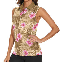 Beige Hawaii Hibiscus With Tropical Flowers Motifs Women Sleeveless Polo Shirt - Polynesian Pride