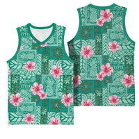 Cyan Hawaii Hibiscus With Tropical Flowers Motifs Basketball Jersey - Polynesian Pride