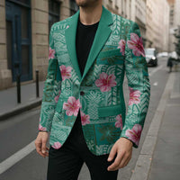 Cyan Hawaii Hibiscus With Tropical Flowers Motifs Blazer - Polynesian Pride