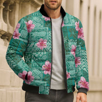 Cyan Hawaii Hibiscus With Tropical Flowers Motifs Bomber Puffer Jacket - Polynesian Pride