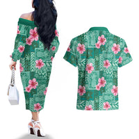 Cyan Hawaii Hibiscus With Tropical Flowers Motifs Couples Matching Off The Shoulder Long Sleeve Dress and Hawaiian Shirt LT14 - Polynesian Pride