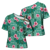 Cyan Hawaii Hibiscus With Tropical Flowers Motifs Cross Shoulder Shirt - Polynesian Pride